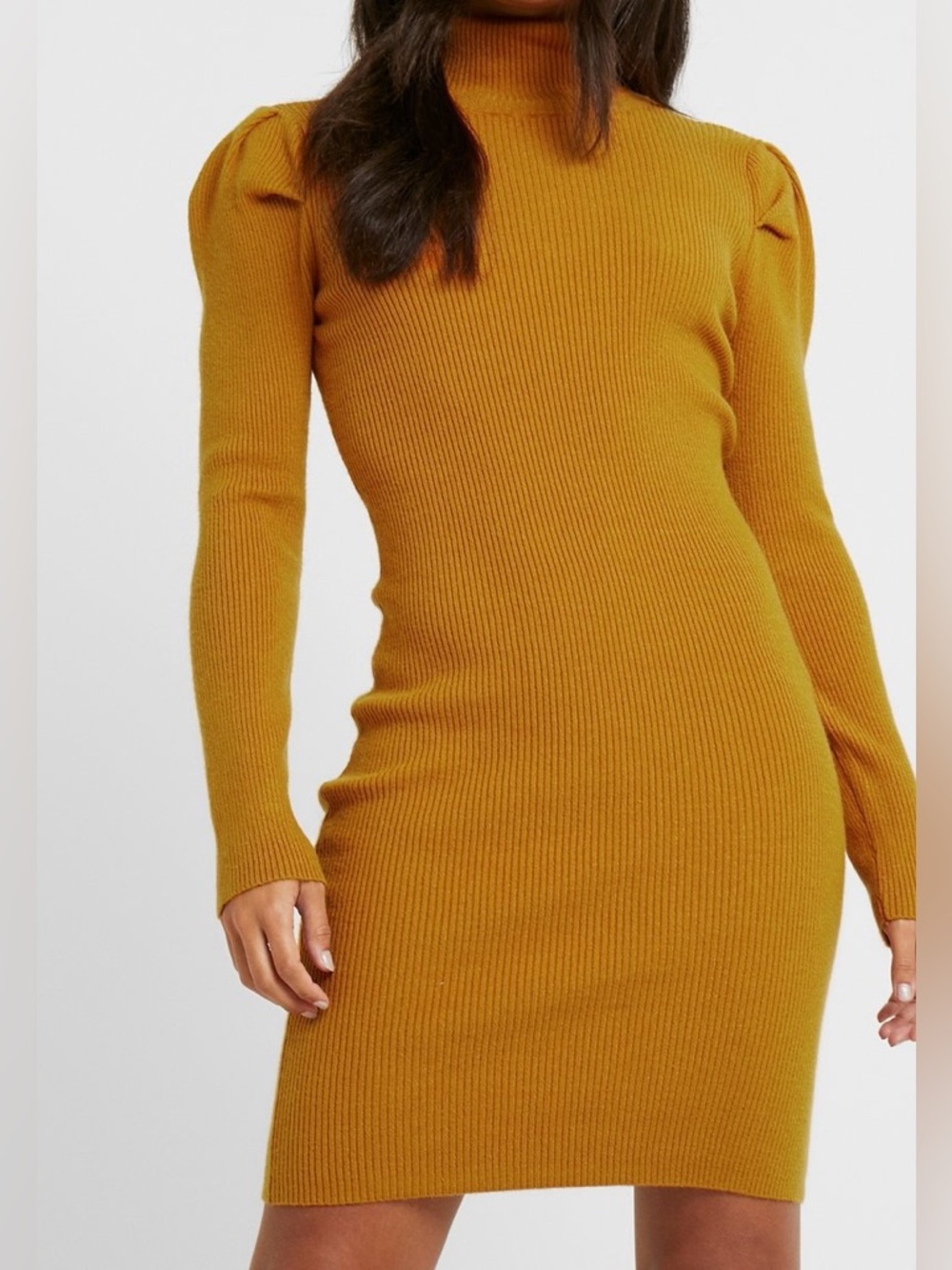 Ribbed Turtleneck Long-Sleeve Dress in Mustard EU L